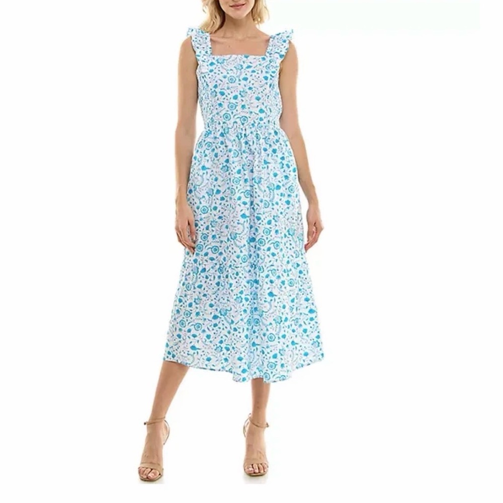 EUC Draper James Blue White Floral Ruffle Sleeve Sun Dress Size M Midi Summer